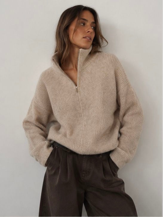 Oversize Strickpullover mit Stehkragen & Reißverschluss