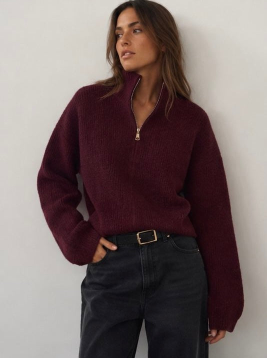 Oversize Strickpullover mit Stehkragen & Reißverschluss