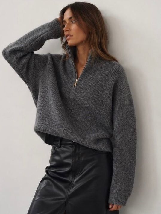 Oversize Strickpullover mit Stehkragen & Reißverschluss